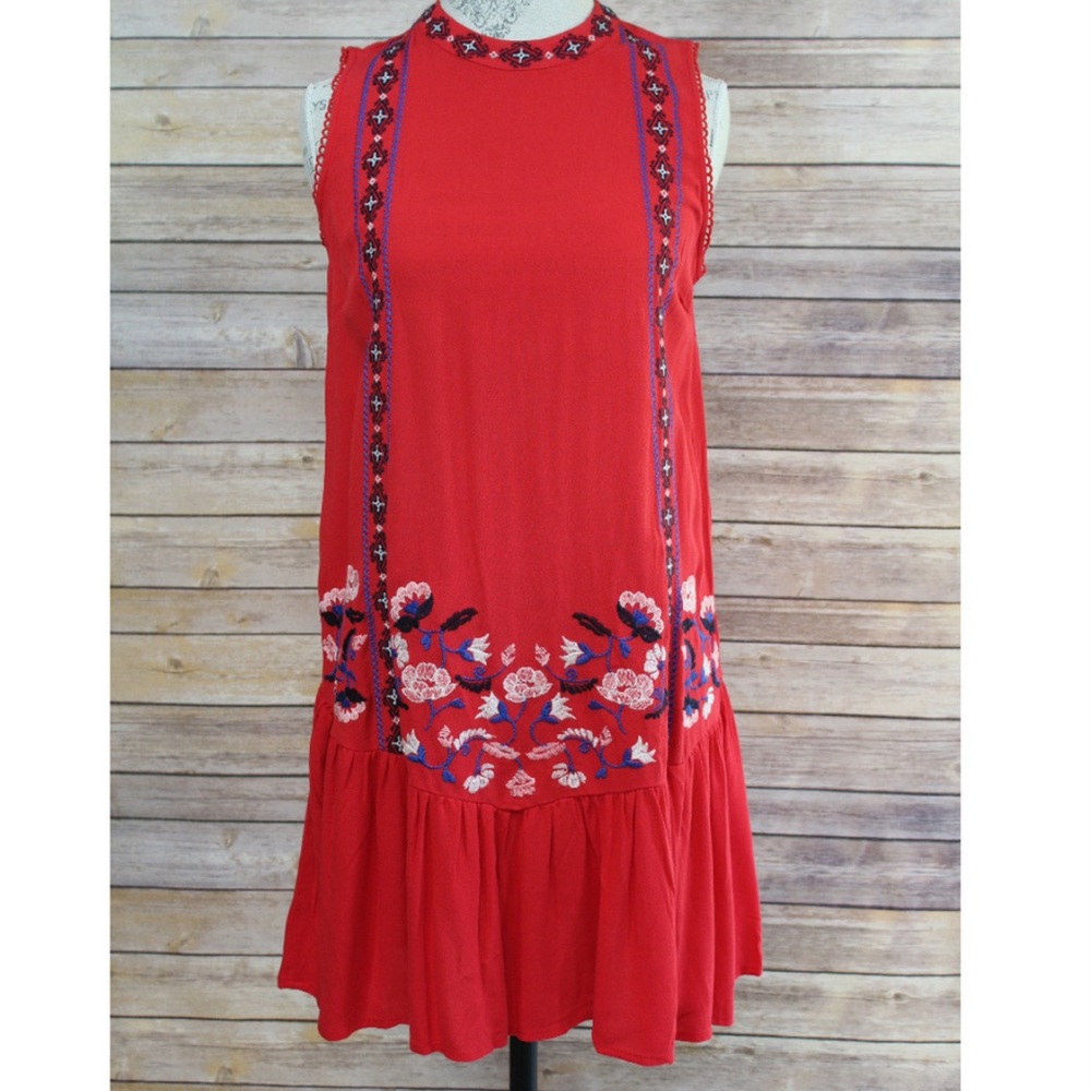 Red Drop Waist Embroidered Dress